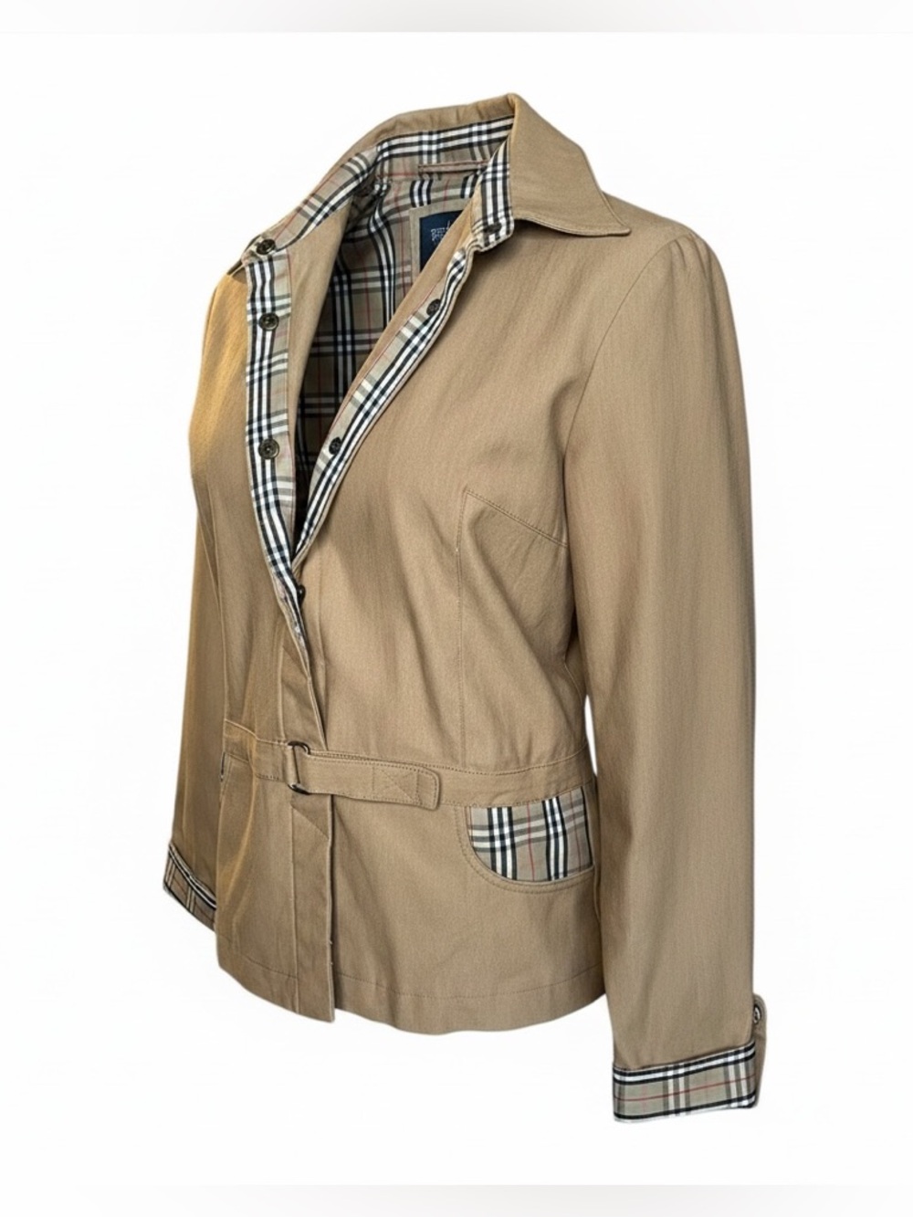 Tan Structured Jacket Plaid Trim British Style - Small